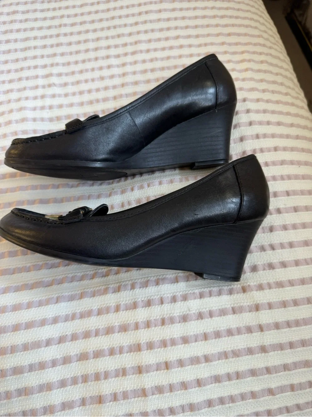 Lauren Ralph Lauren Black Leather Wedges with Gold Tone Charms